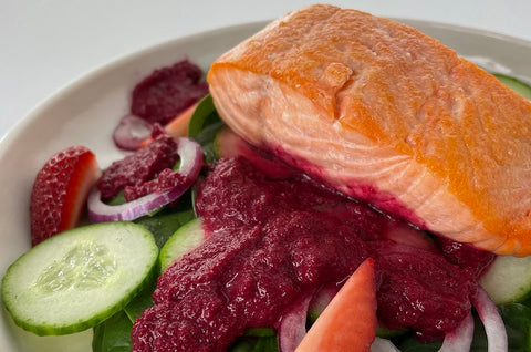 DIY Spring Spinach Salad with Seared Salmon and Roasted Beet Dressing