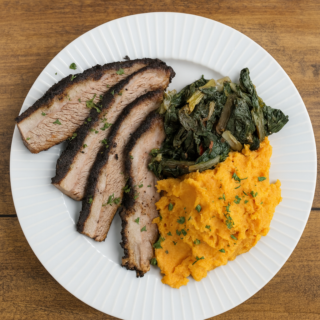 BBQ Brisket with Sautéed Greens and Sweet Potato Mash