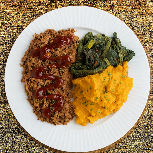 BBQ Brisket with Sautéed Greens and Sweet Potato Mash