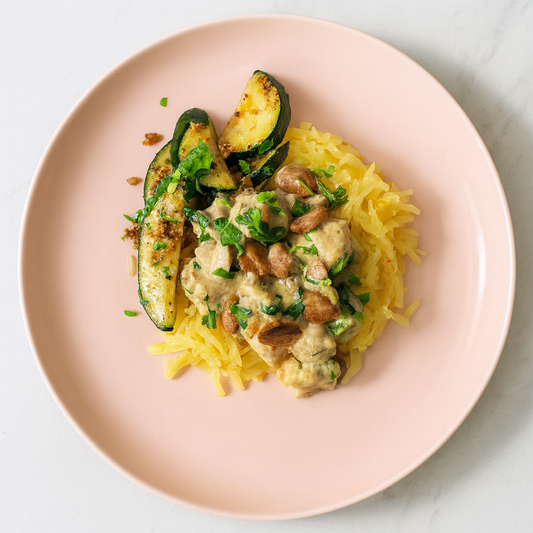 Chicken Alfredo Pasta with Garlic Zucchini