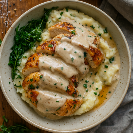 Chicken Florentine with Garlic Mashed Sweet Potatoes