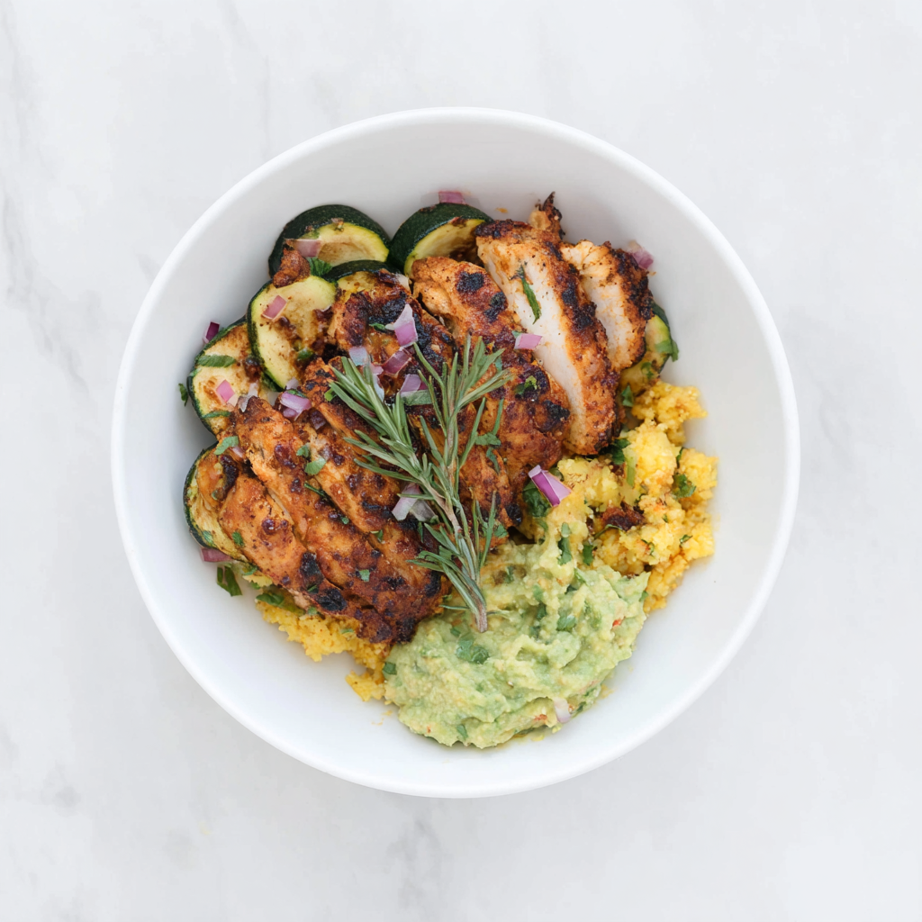 paleo on the go aip meal delivery Chicken Shawarma Bowl with Cauliflower Avocado Hummus