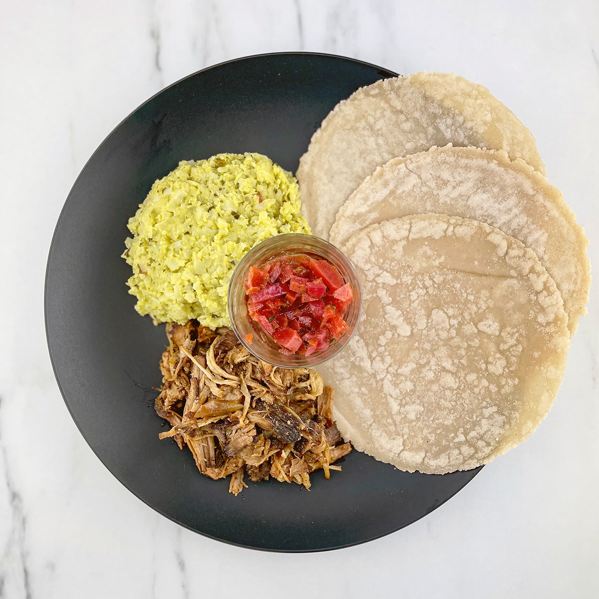 Smoked Pork Carnitas Tacos with Pico and Guacamole Rice Plus Tortillas