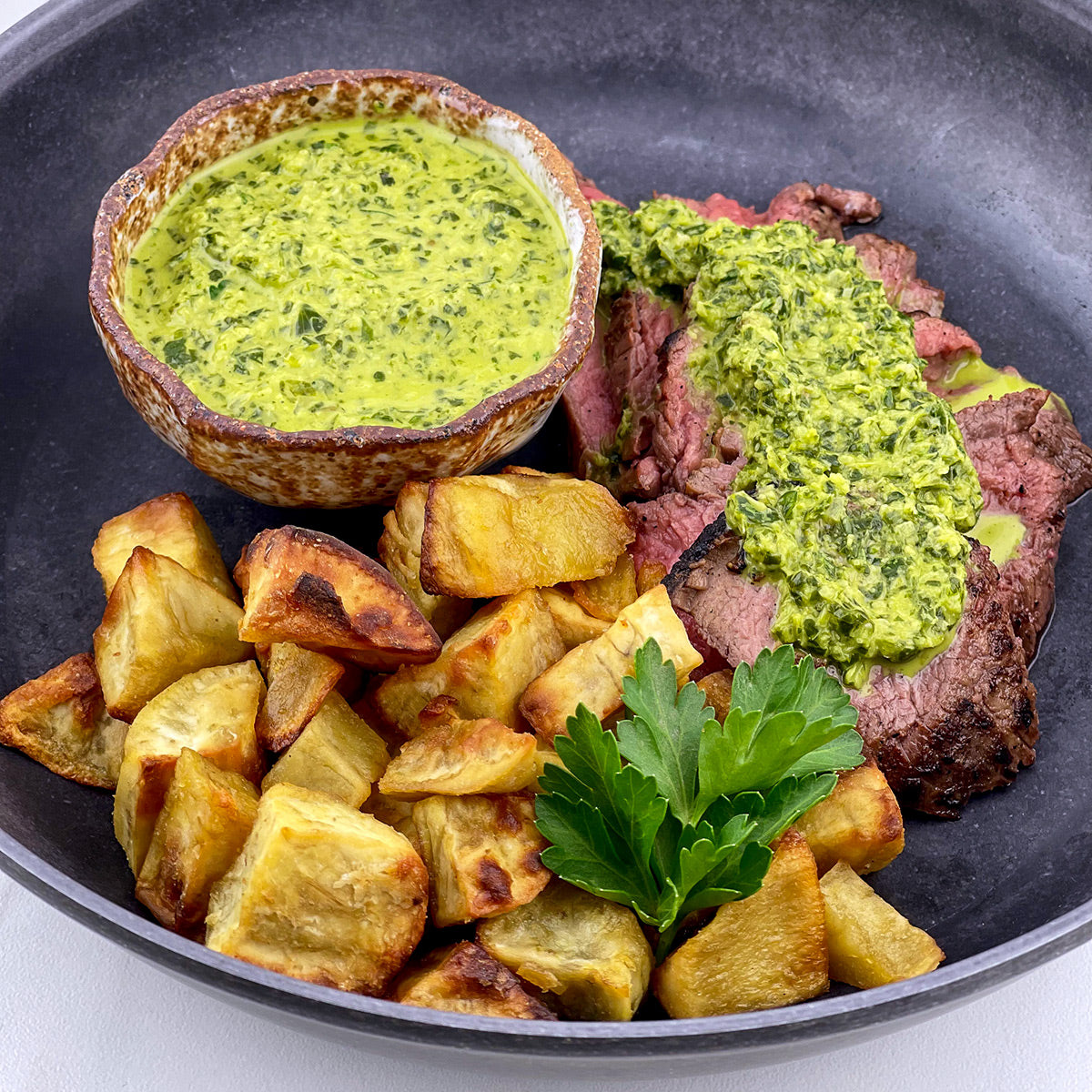 Beef Chimichurri With Garlic Roasted white sweet potatoes Paleo Diet Friendly Chimichurri AIP Diet Chimichurri