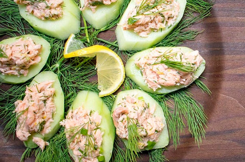 AIP Poached Salmon Lemon Dill Salad over Cucumber Rounds