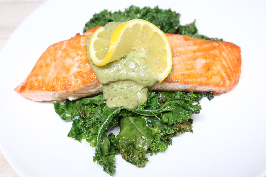 AIP Grilled Salmon over Kale with Lemon Dill Sauce