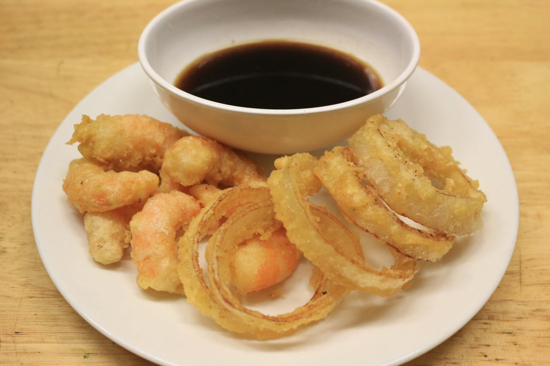 Paleo Tempura Onion Rings and Shrimp