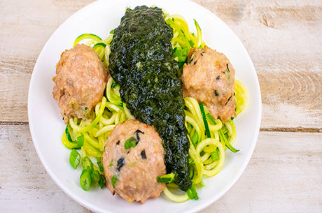 Chicken Nori Ginger Meatballs with Asian Nori Pesto