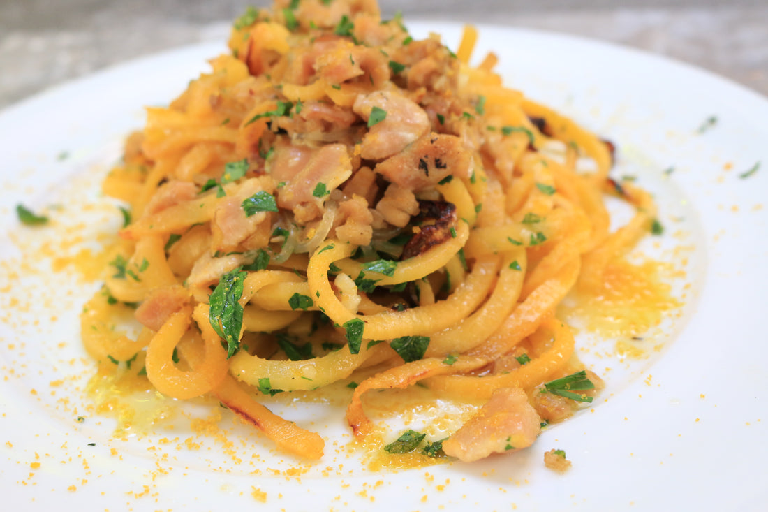 Rutabaga Fettuccini with White Clam Sauce and Bottarga