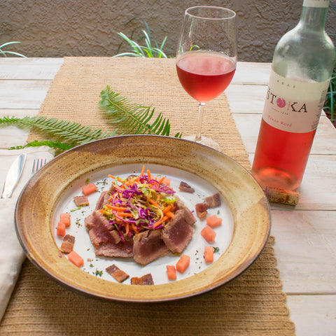 Seared Ahi Tuna over Brussels Sprouts Salad Paired with Stoka Teran Rose from Dry Farm Wines
