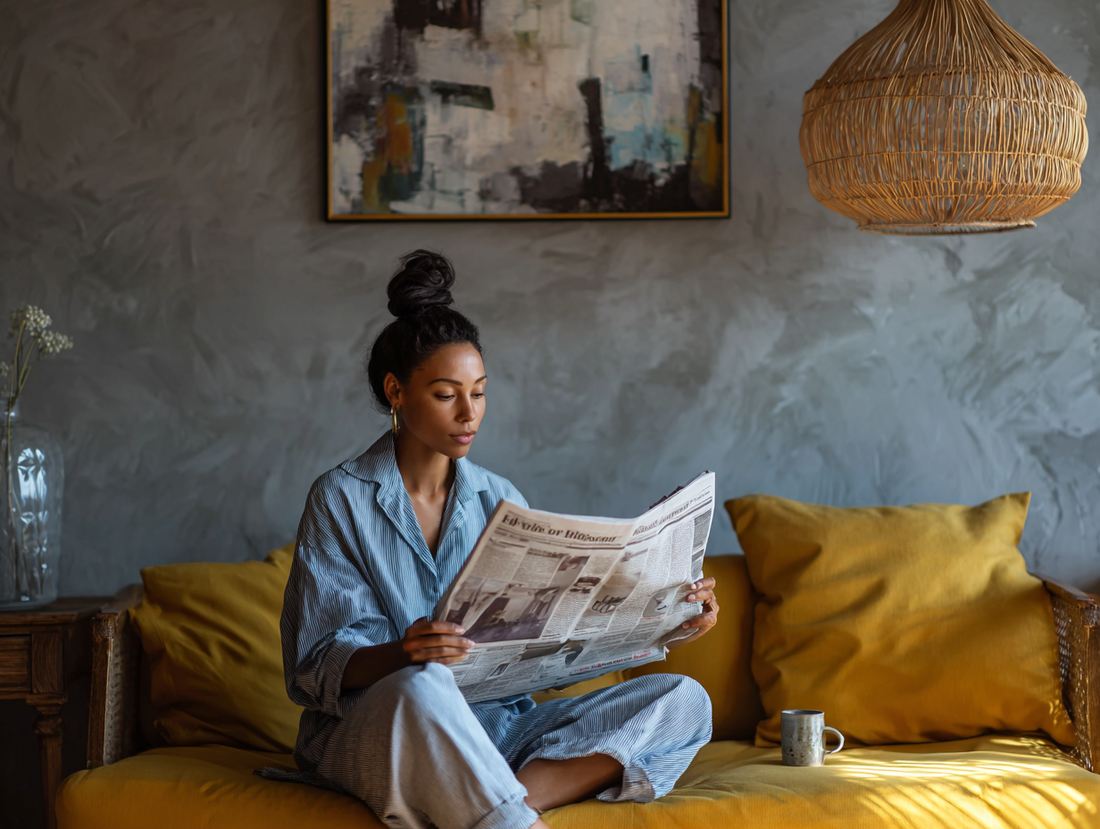 Woman on couch reading the newspaper
