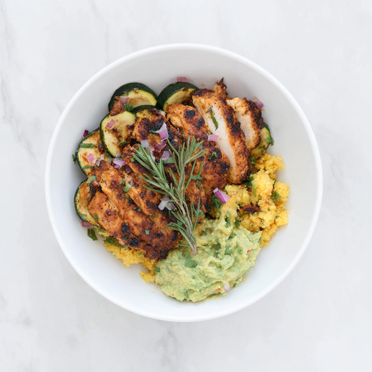 paleo on the go aip meal delivery Chicken Shawarma Bowl with Cauliflower Avocado Hummus