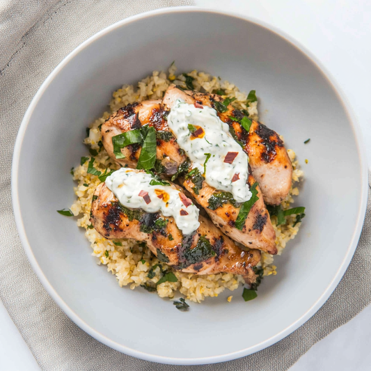 Chicken Souvlaki with Cauliflower Rice and Tzatziki Sauce