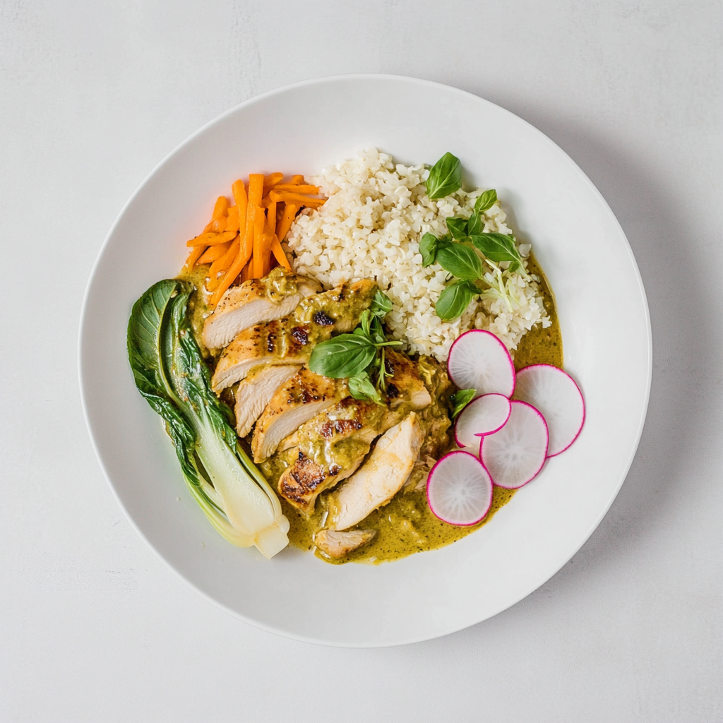Coconut Curry with Chicken and Vegetables Over Cauliflower Rice