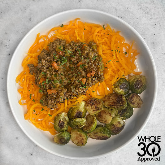 grass-fed beef bolognese butternut squash noodles roasted brussels sprouts aip