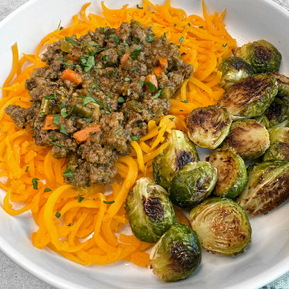 grass-fed beef bolognese butternut squash noodles roasted brussels sprouts paleo