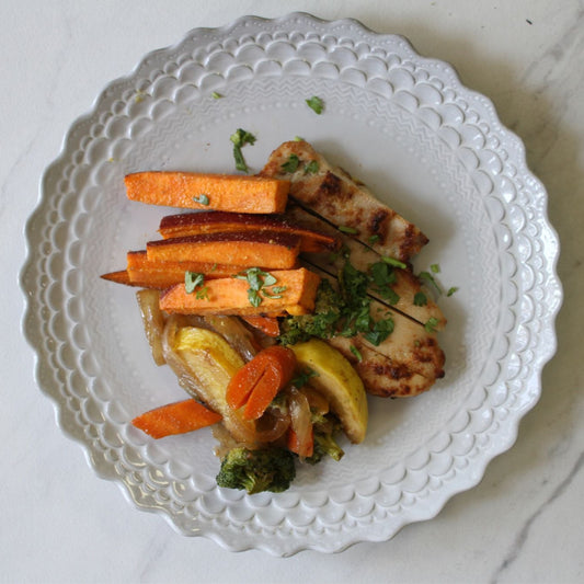 Grilled Chicken with Stir Fried Vegetables and Roasted Yam Wedges