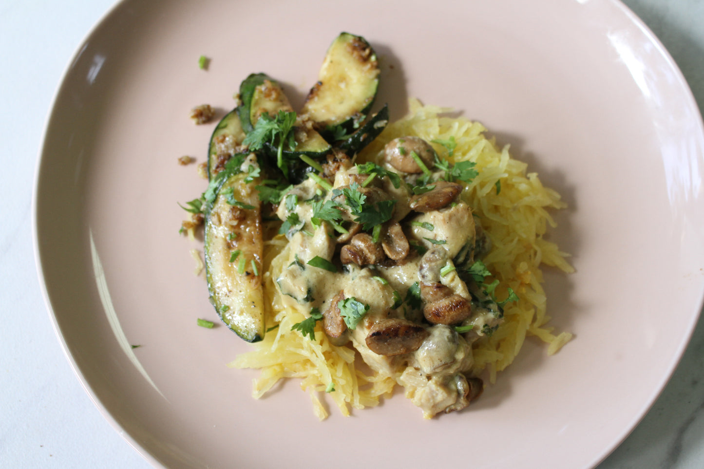 Chicken Alfredo Pasta with Garlic Zucchini