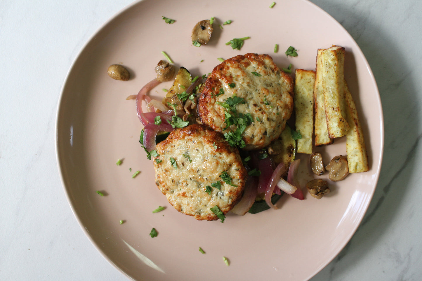 Rosemary Lemon Turkey Burgers on Grilled Vegetables with Potato Wedges