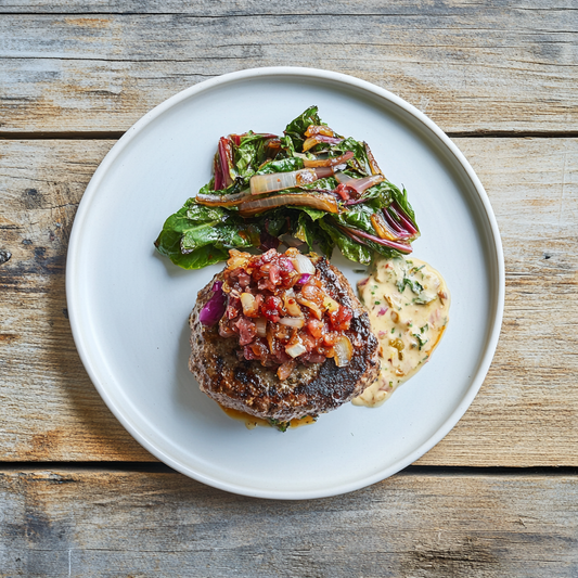 Juicy Lucy Burger with Maple Bacon Onion Jam and Creamed Rainbow Chard