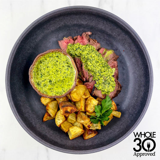 whole30 approved Beef Chimichurri With Garlic Roasted white sweet potatoes Paleo Diet Friendly Chimichurri AIP Diet Chimichurri