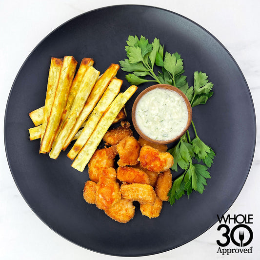 whole30 approved AIP chicken nuggets sweet potato fries and aip ranch