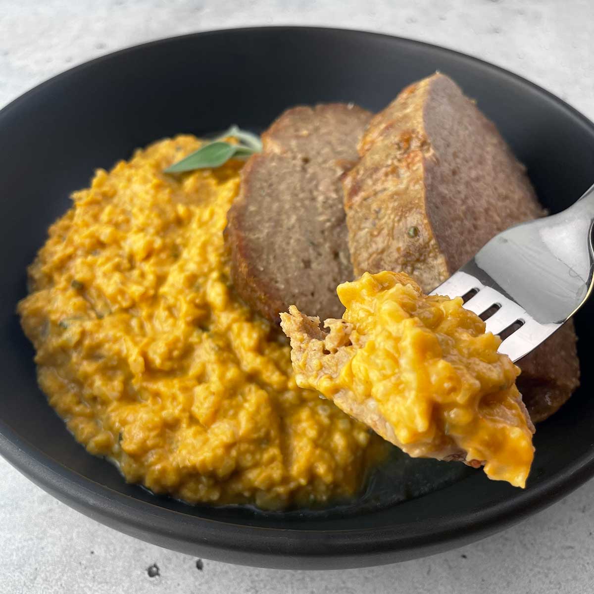 Turkey Meatloaf and Gravy with Pumpkin Sage Risotto AIP Paleo