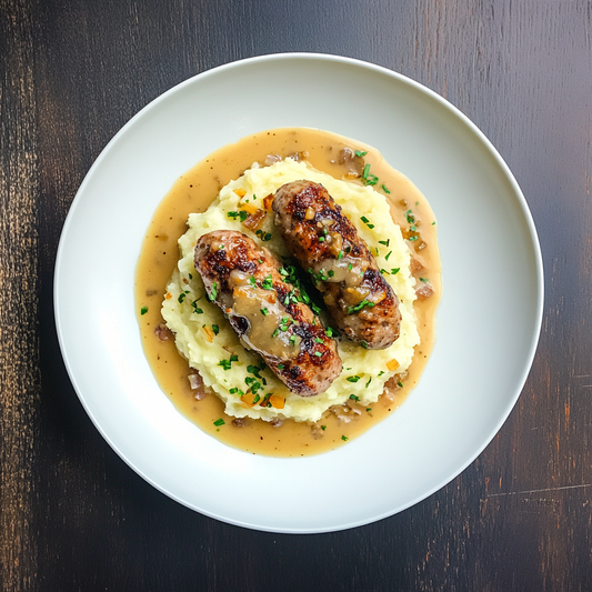 British Bangers & Mash with Onion Gravy