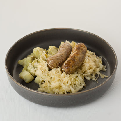 bowl of brats sauerkraut potatoes aip