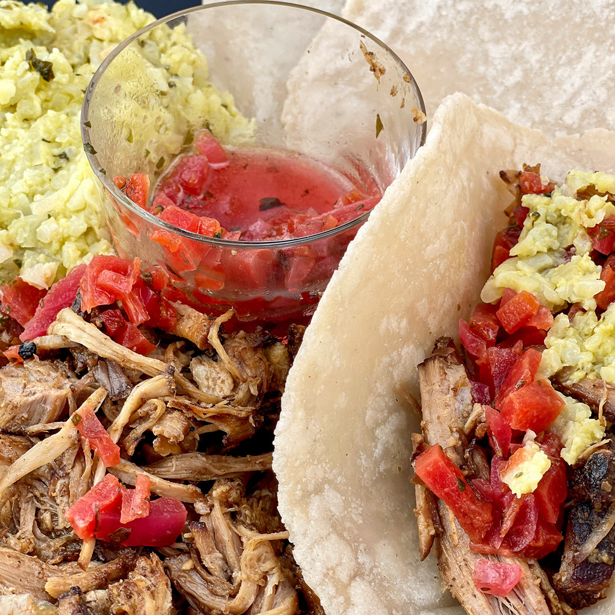 AIP Smoked Pork Carnitas Tacos with Pico and Guacamole Rice Plus Tortillas