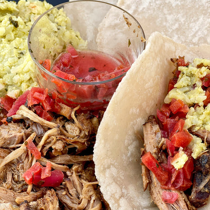 AIP Smoked Pork Carnitas Tacos with Pico and Guacamole Rice Plus Tortillas